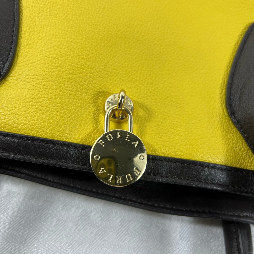 4113: Furla Colorblock Pebbled Leather Tote Bag Yellow Beige Black Made in Italy - Picture 7 of 13